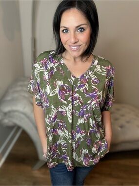 Small & Medium Olive Floral V-Neck Tunic with Purple & White Accents